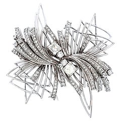 2.99 Carat Asscher Cut  and Round Brilliant Diamond 18K White Gold Brooch