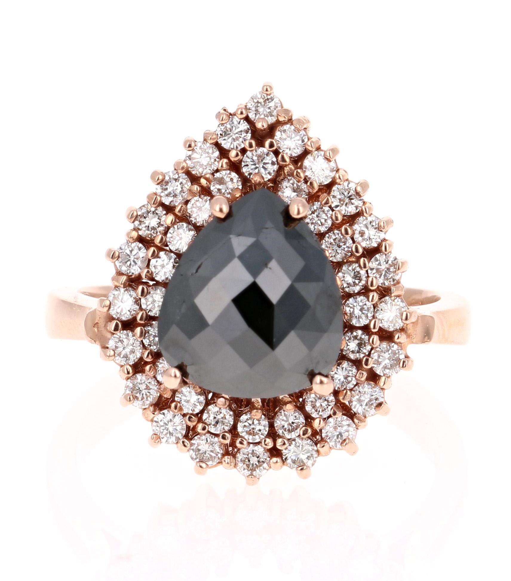 Contemporary 2.99 Carat Black Diamond 14 Karat Rose Gold Cocktail Ring For Sale