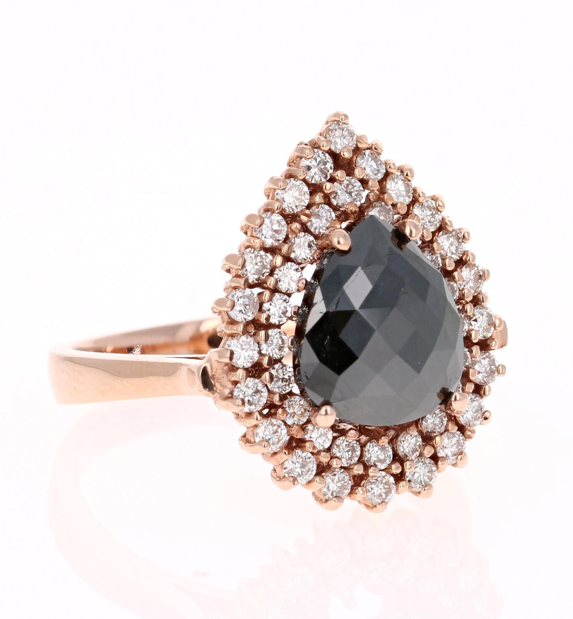 2.99 Carat Black Diamond 14 Karat Rose Gold Cocktail Ring In New Condition In Los Angeles, CA
