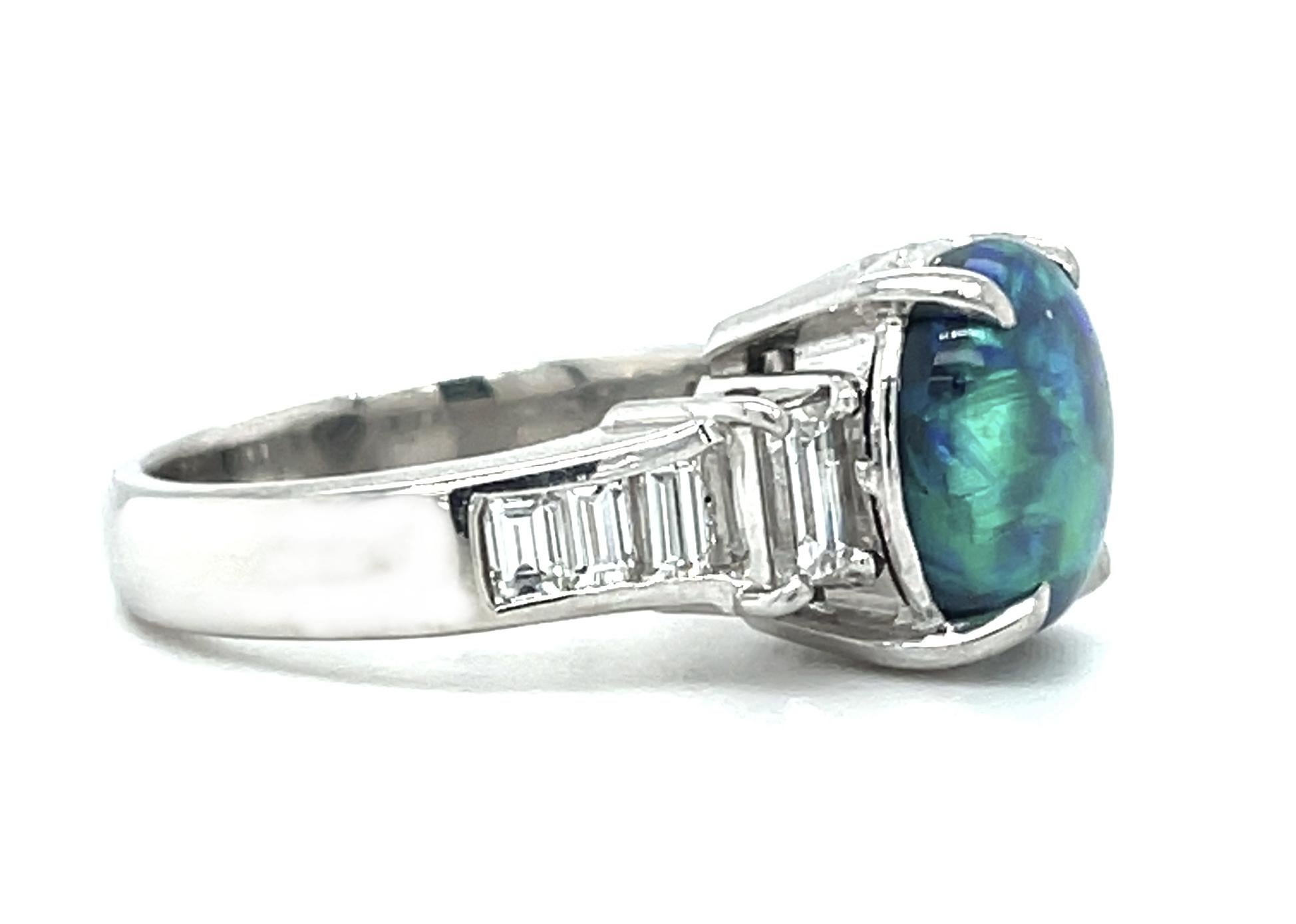 Artisan Black Opal and Diamond Baguette Platinum Engagement Ring, 2.99 Carats  For Sale