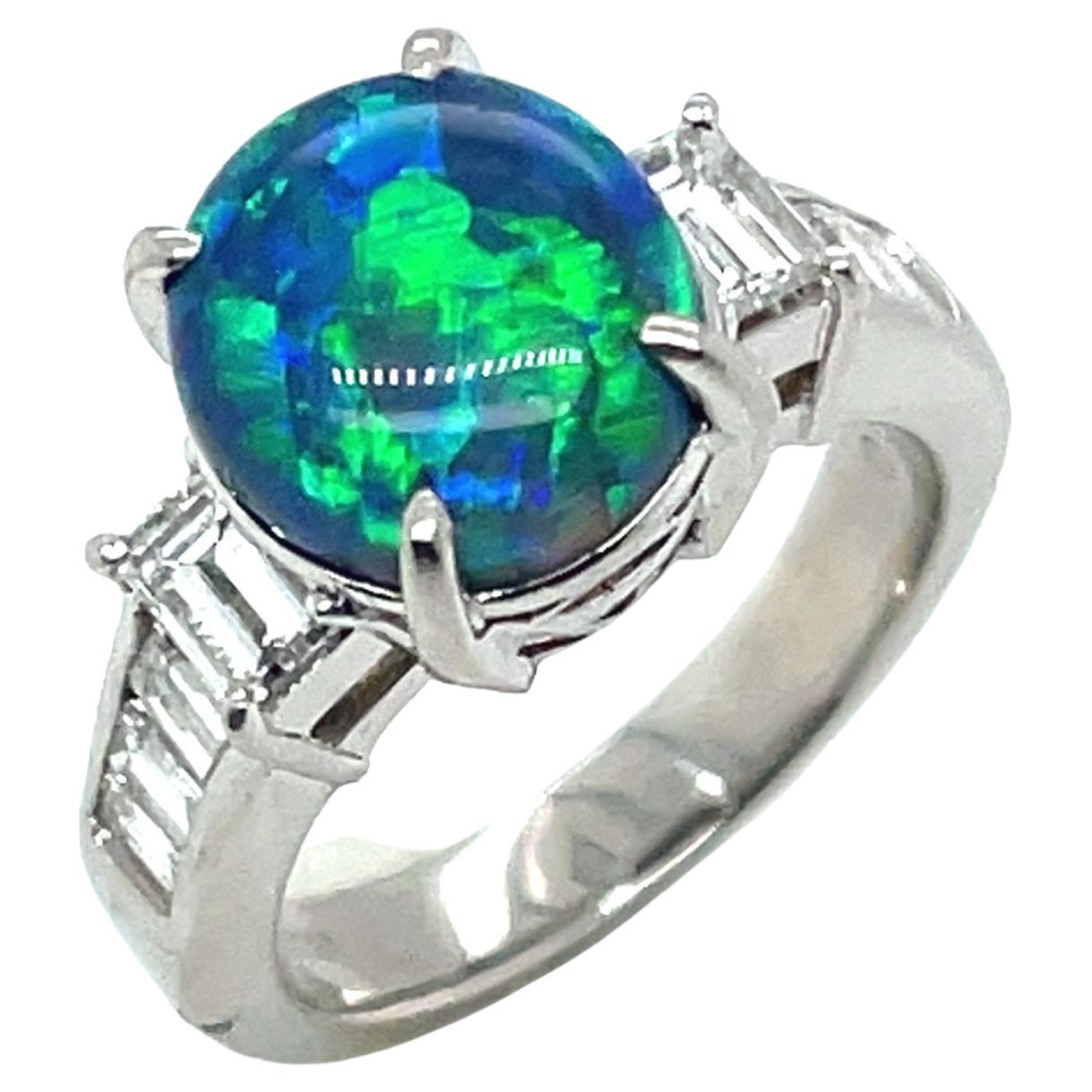 Black Opal and Diamond Baguette Platinum Engagement Ring, 2.99 Carats  For Sale