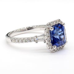 2.99 Carat Blue Sapphire Octagonal Step Cut GIA & Diamond Ring 18K White Gold