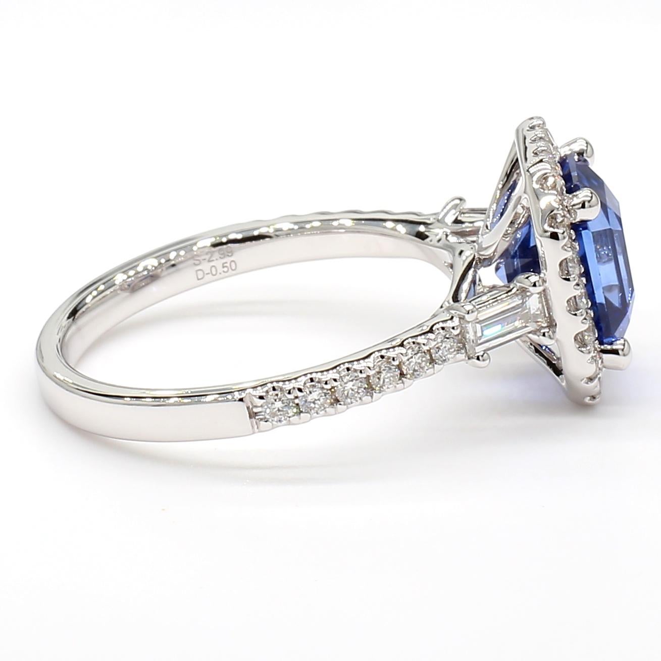 Octagon Cut 2.99 Carat Blue Sapphire Octagonal Step Cut GIA & Diamond Ring 18K White Gold For Sale