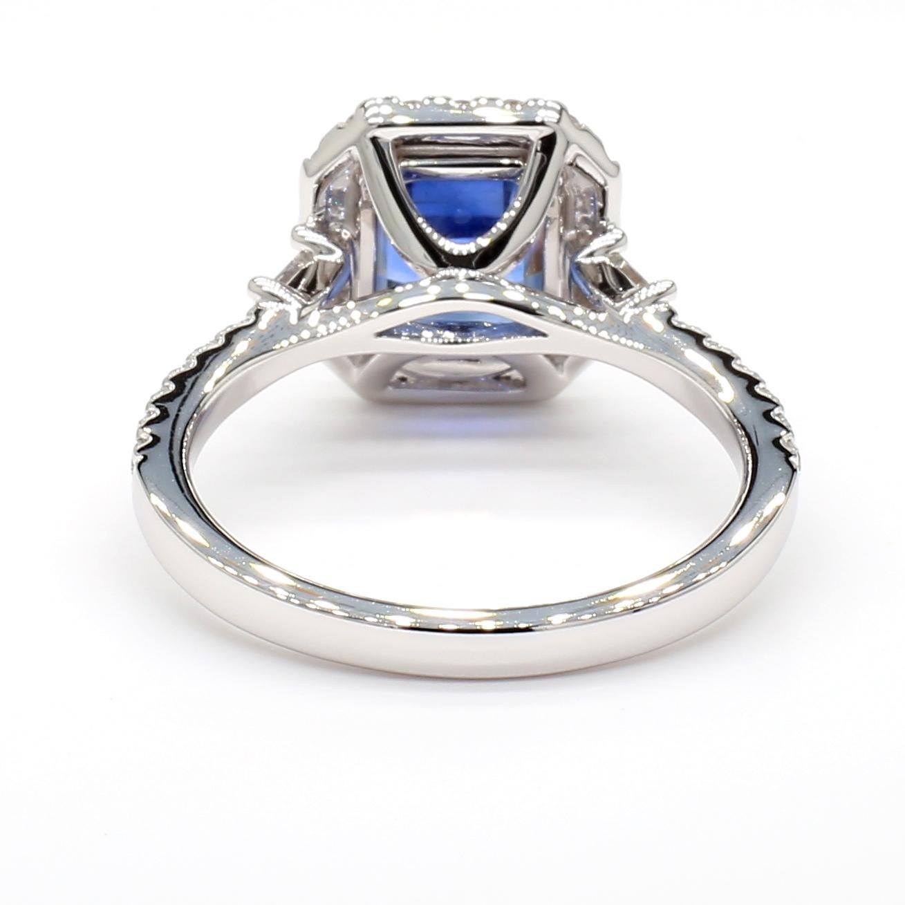Women's 2.99 Carat Blue Sapphire Octagonal Step Cut GIA & Diamond Ring 18K White Gold For Sale