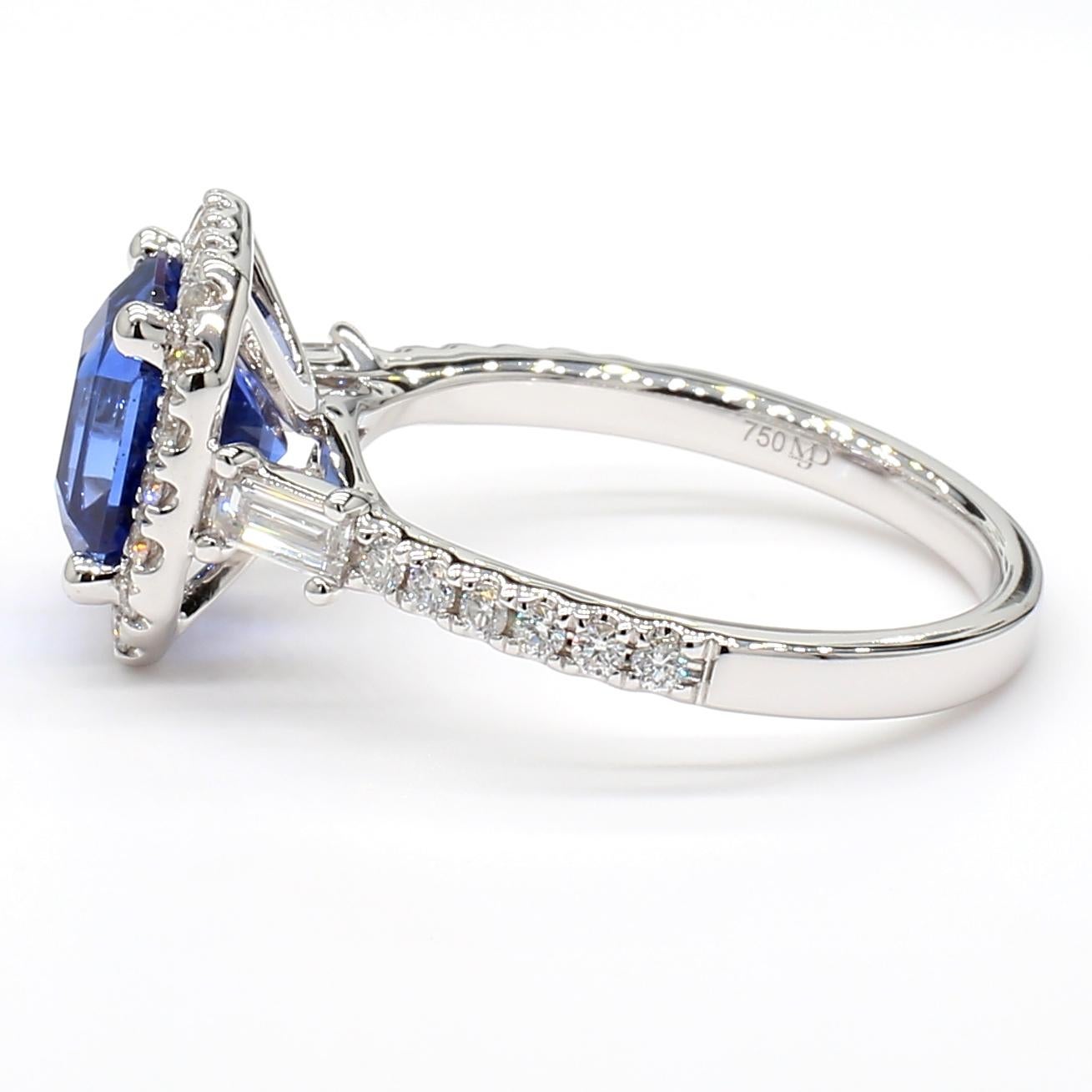 2.99 Carat Blue Sapphire Octagonal Step Cut GIA & Diamond Ring 18K White Gold For Sale 2