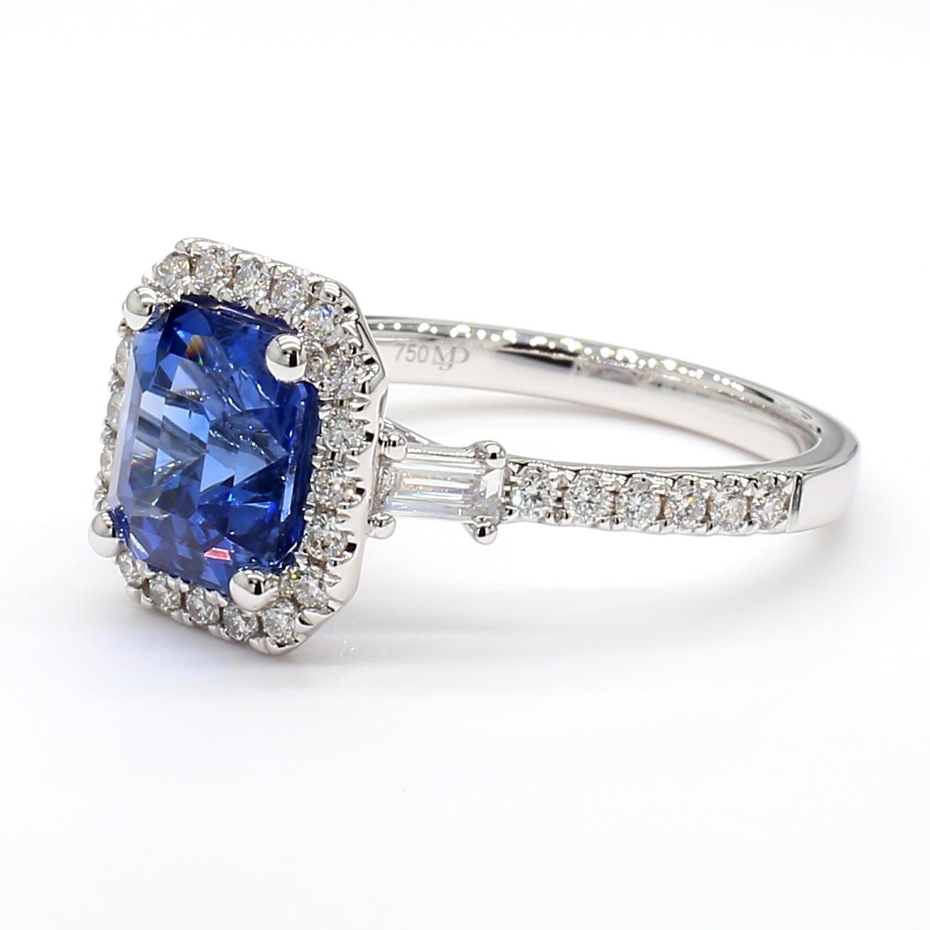 2.99 Carat Blue Sapphire Octagonal Step Cut GIA & Diamond Ring 18K White Gold For Sale 3