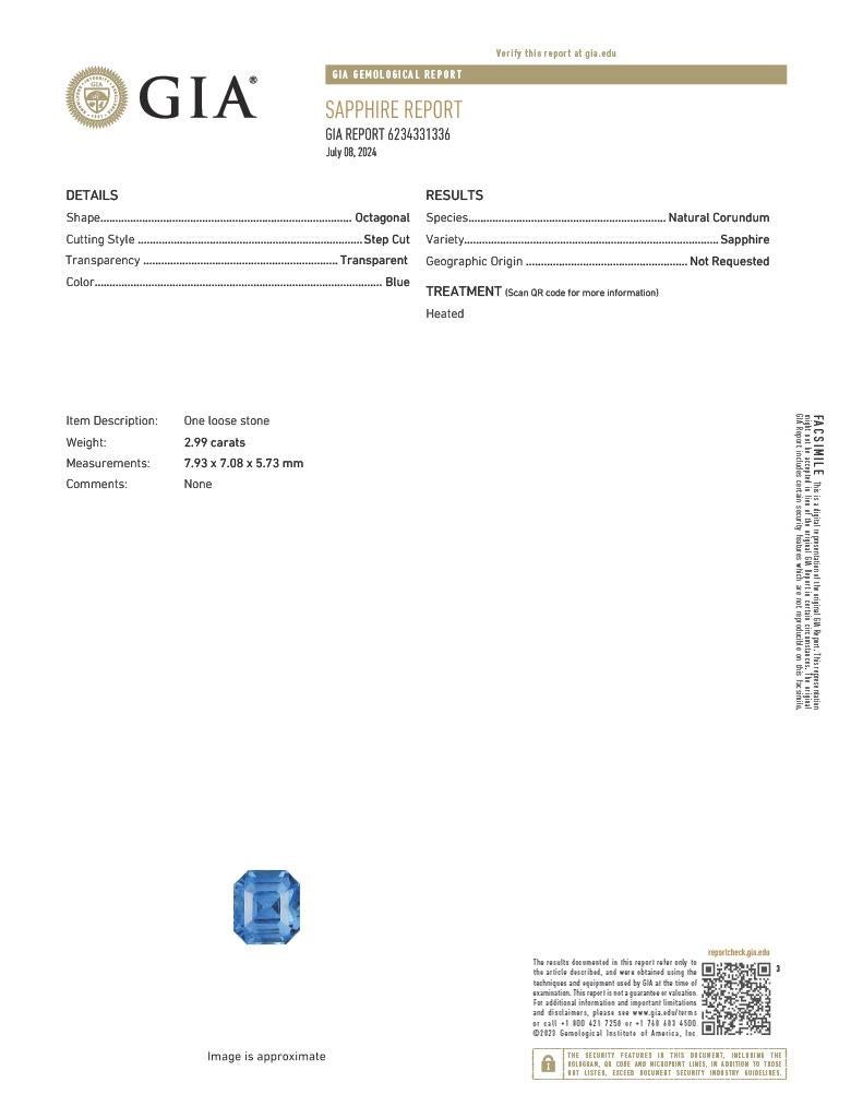 2.99 Carat Blue Sapphire Octagonal Step Cut GIA & Diamond Ring 18K White Gold For Sale 4