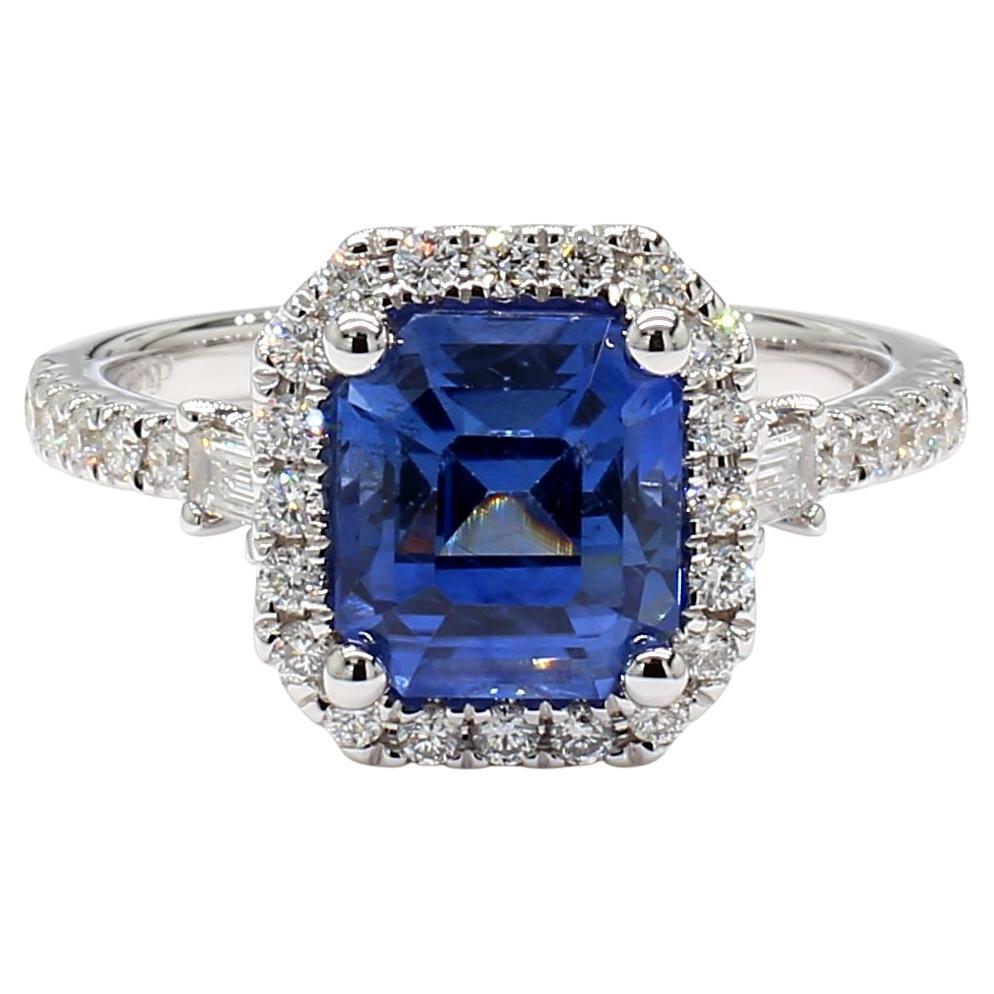 2.99 Carat Blue Sapphire Octagonal Step Cut GIA & Diamond Ring 18K White Gold
