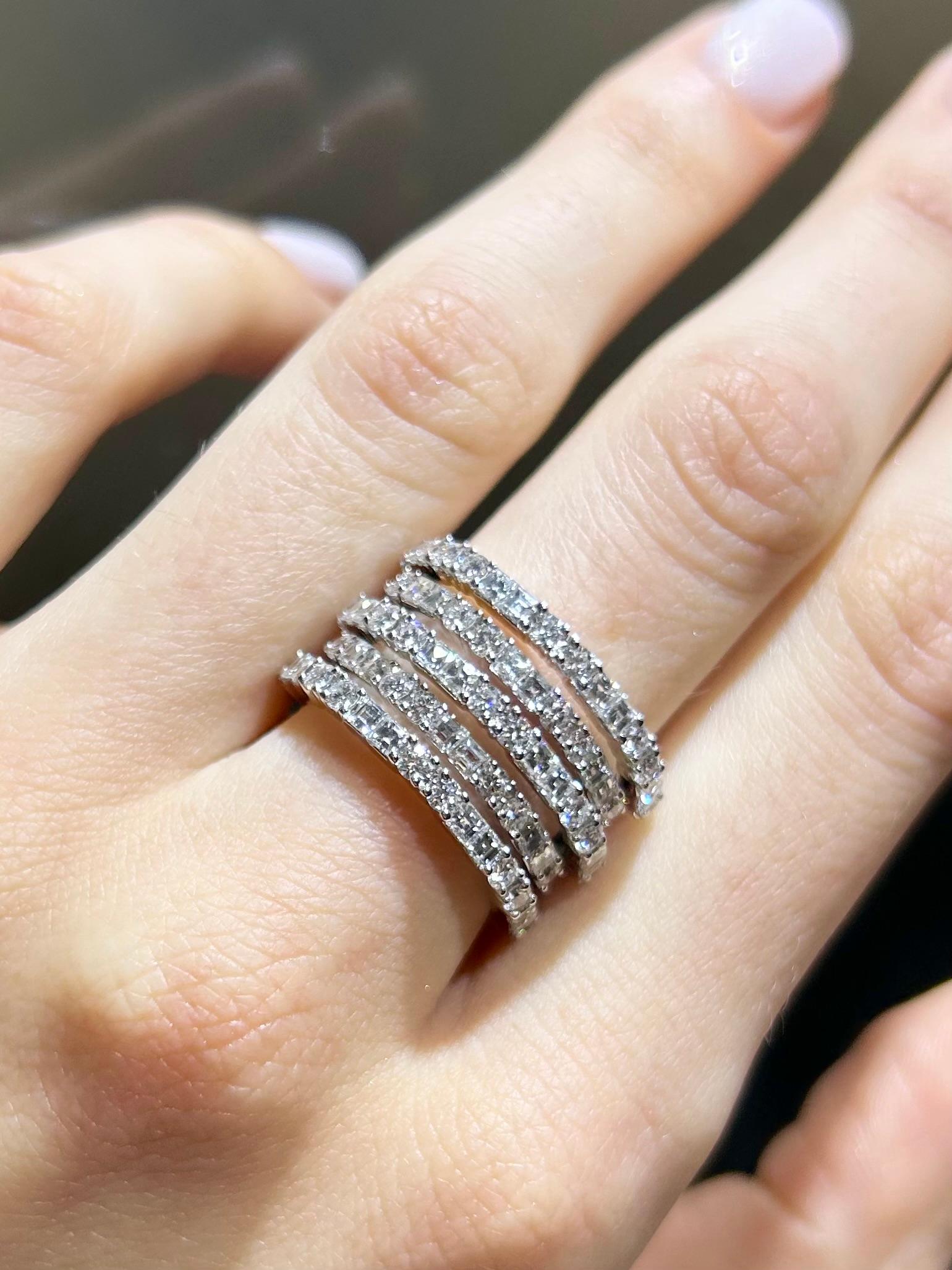 2.99 Carat Diamond Five-Row Alternating Fashion Ring in 18k White Gold 6