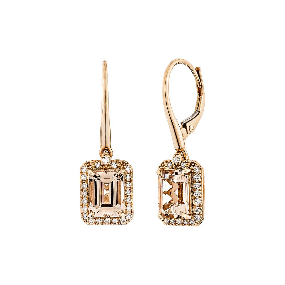 Taille octogone Boucles d'oreilles pendantes en or rose 18 carats avec Morganite de 2,99 carats et diamants blancs en vente