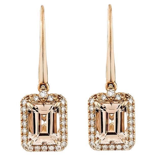 Boucles d'oreilles pendantes en or rose 18 carats avec Morganite de 2,99 carats et diamants blancs