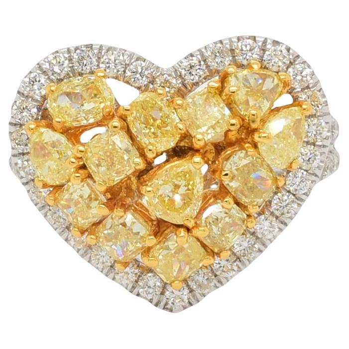 2.99 Carat Natural Fancy Yellow Diamond Mixed Cut Cluster Heart Ring For Sale