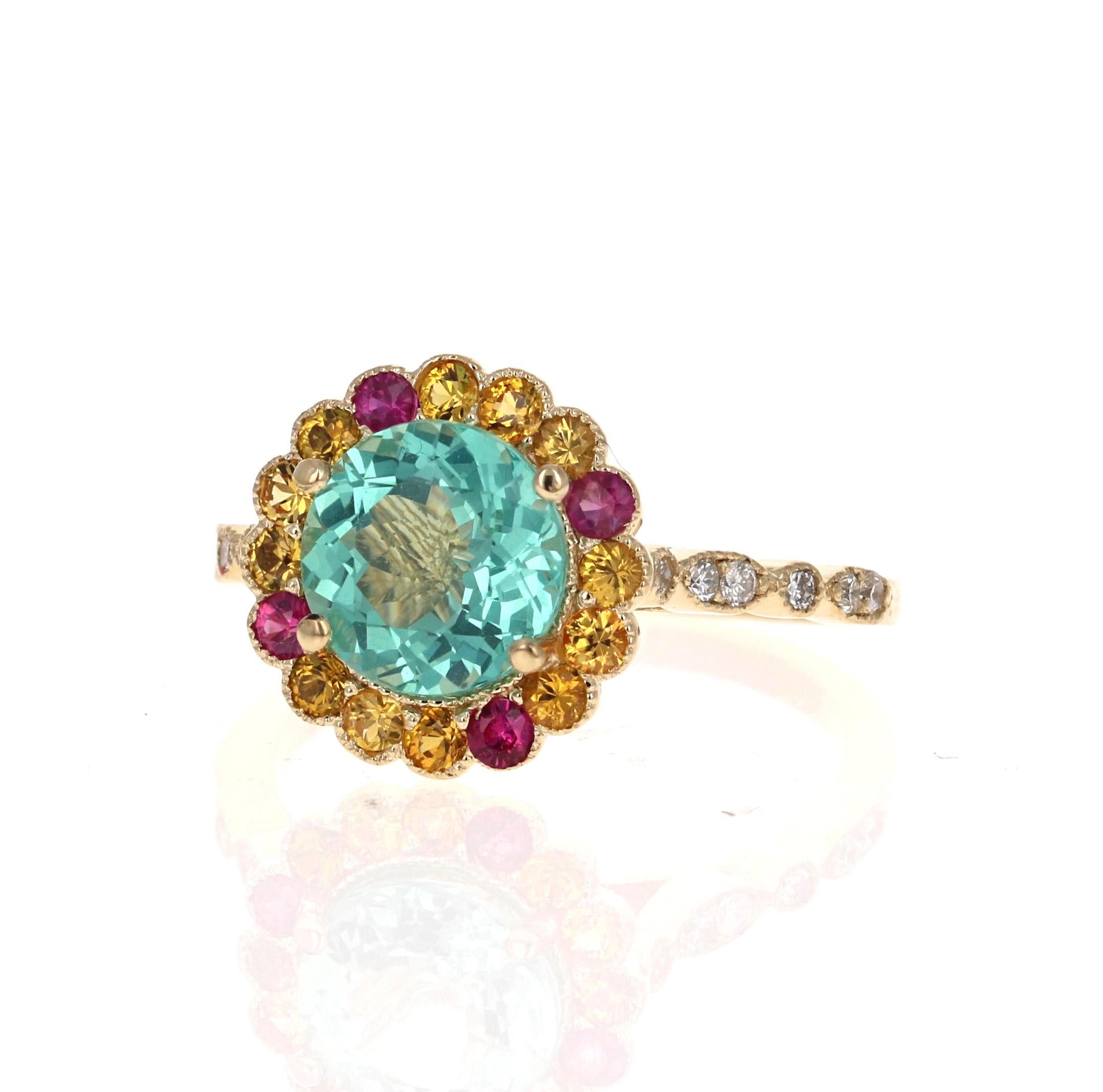 Contemporary  Apatite Sapphire Diamond Yellow Gold Ring For Sale