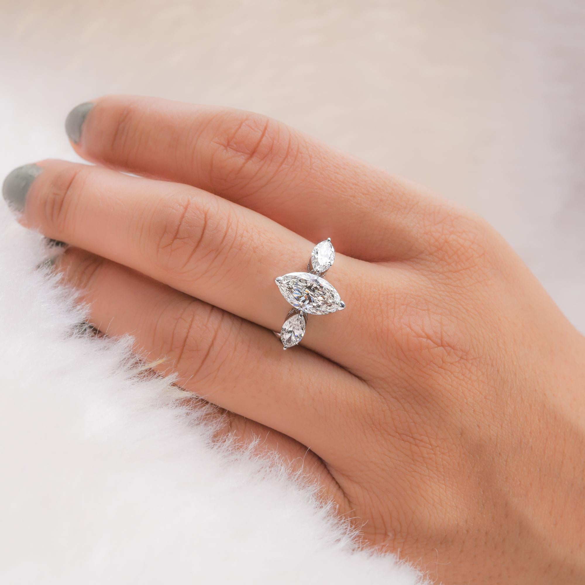 Marquise Cut 2.99 Carat SI Clarity HI Color Marquise Diamond Ring 14 Karat White Gold Jewelry For Sale