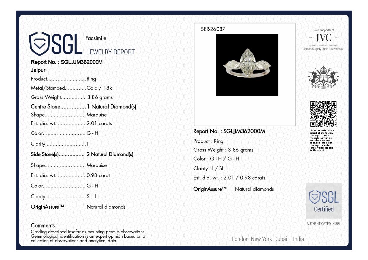 Donna Anello con diamante marquise certificato SGL da 2,99 carati SI/H Gioielli in oro bianco 18 carati in vendita