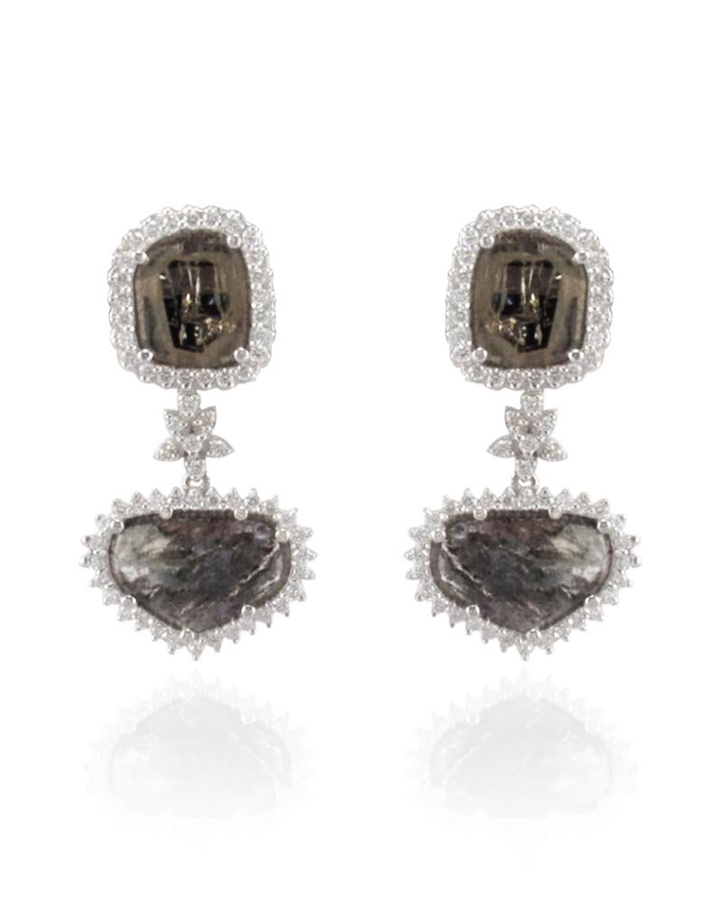 Contemporary 2.99 Carat Total Faceted Fancy Sliced Black Diamond Earrings in 18 Karat Gold