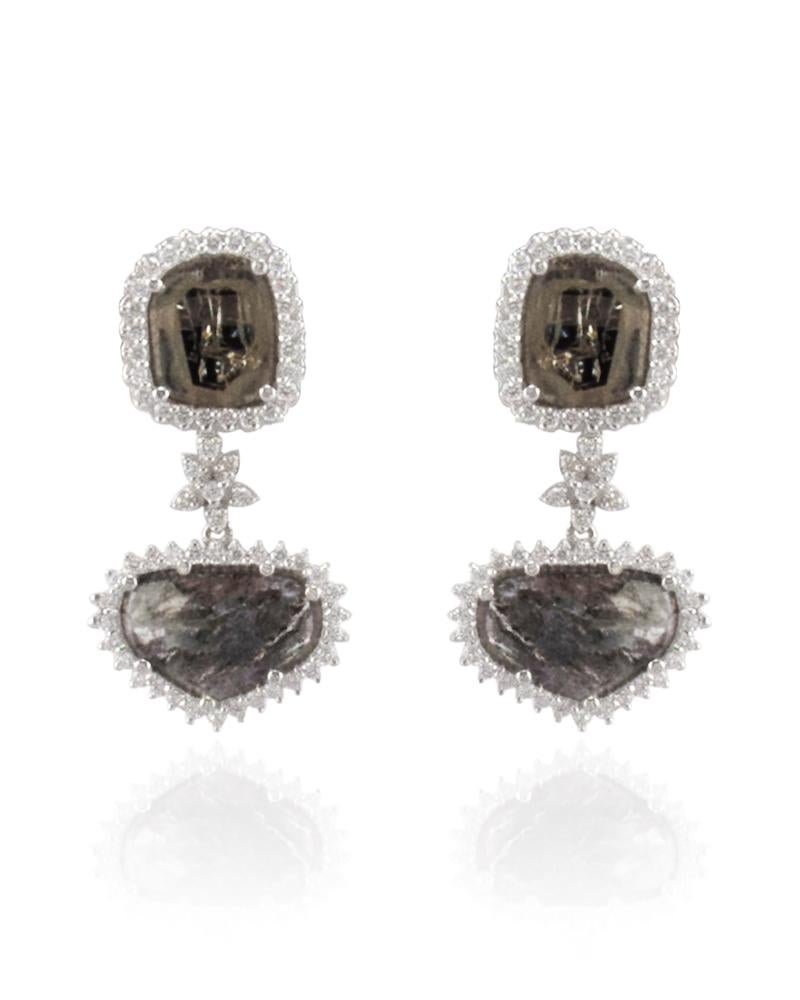 Women's 2.99 Carat Total Faceted Fancy Sliced Black Diamond Earrings in 18 Karat Gold