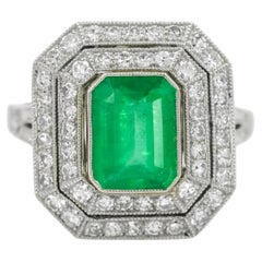 2.99 Carat TW Natural Green Emerald & Natural White Diamond Platinum Ring Band