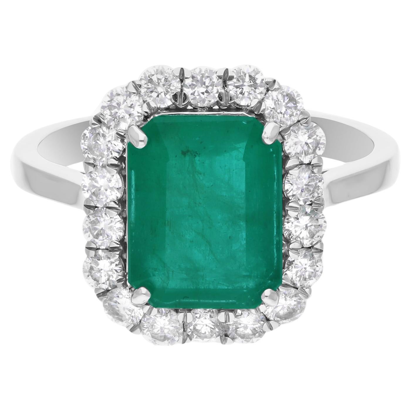 2.99 Carat Zambian Emerald Cocktail Ring 0.77 Carat SI/H Diamond 14k White Gold