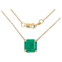 2.99 Carats Emerald Solitaire Stationary Necklace in 14K Gold 18 Inch Stackable