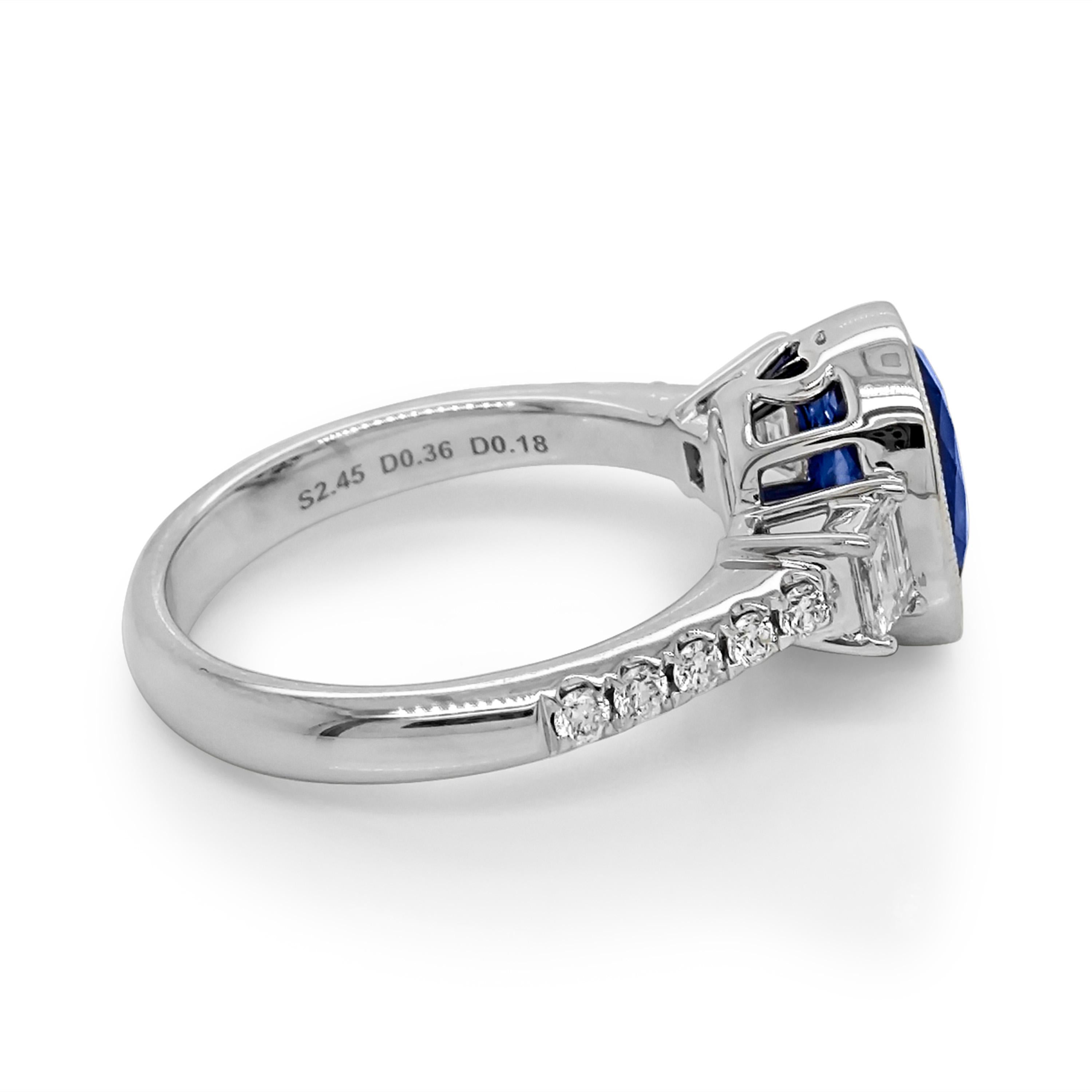 1 Sapphire Gemstone: 2.45 Carats
2 White Diamonds: 0.36 Carat
10 White Diamonds: 0.18 Carat
Metal: 18K White Gold, 4.90 Grams