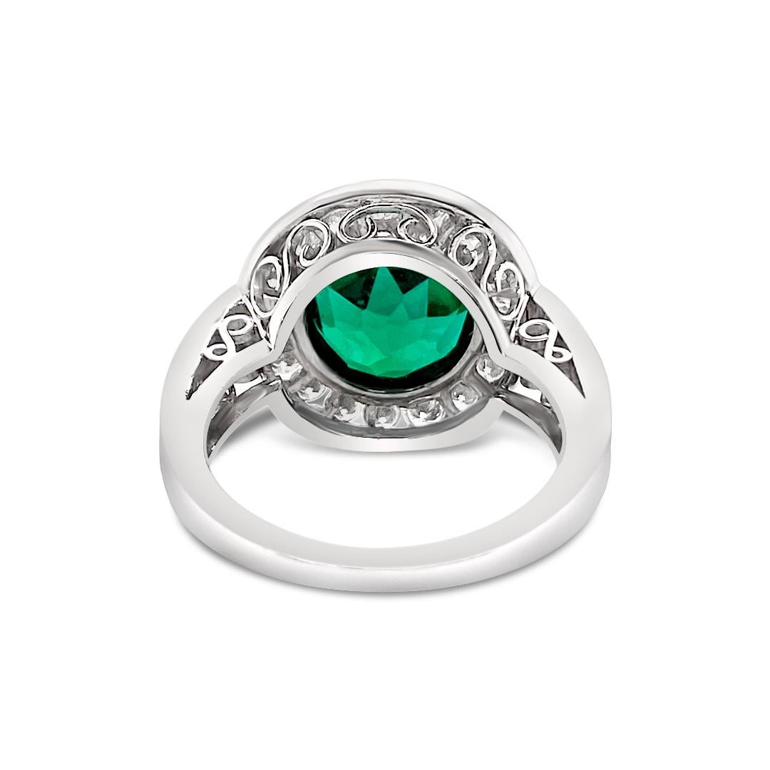 Round Cut 2.99 Carat Vivid Green Emerald and Diamond Ring in Platinum For Sale