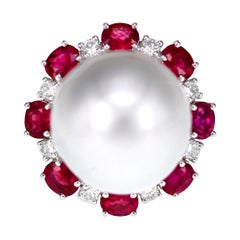 29.90 Carat White Smooth Pearl Ruby Diamond Cocktail Ring