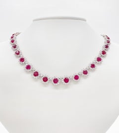 29.94 CT Ruby & Diamond Link Necklace Intense Statement Jewelry, 18K White Gold