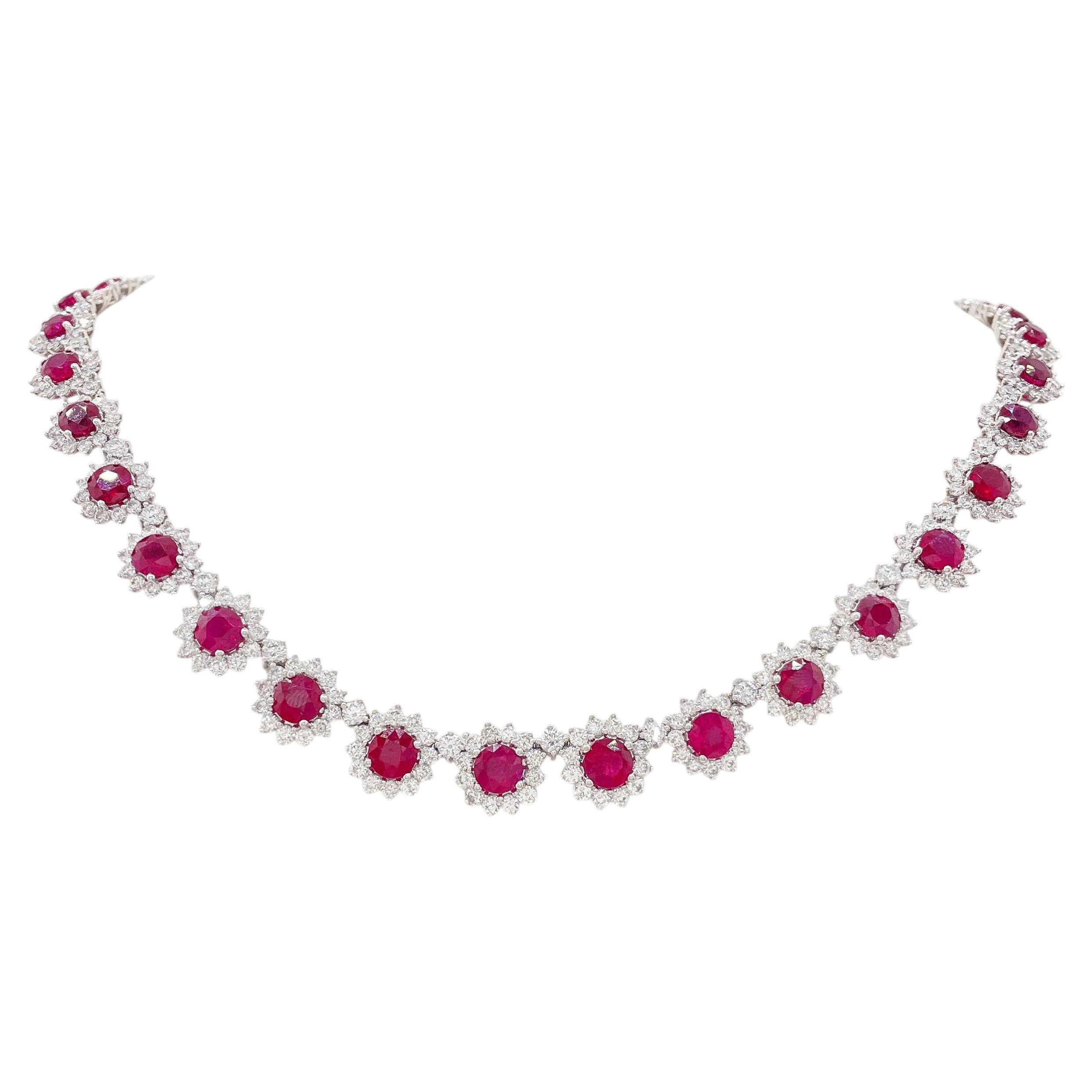 29.94 Carat Ruby & Diamond Link Necklace Eye-Catching Jewelry 18K White Gold