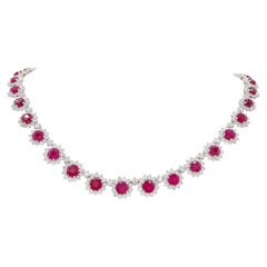 29.94 CT Ruby & Diamond Link Necklace Intense Statement Jewelry, 18K White Gold