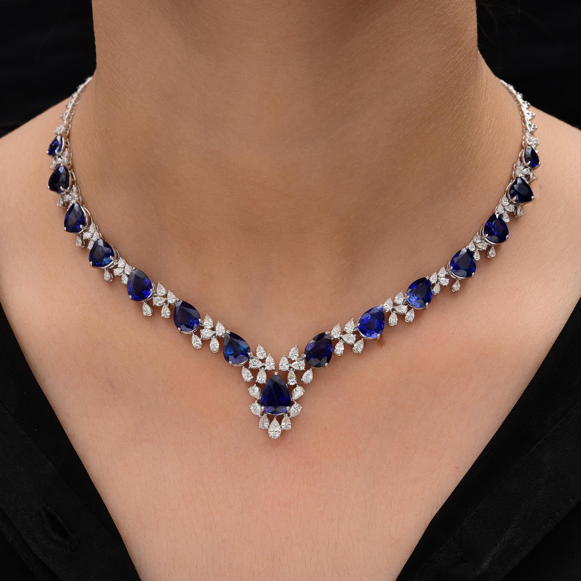 29,94 Karat Blauer Saphir 5,05 Karat SI/HI Diamant 14k Weißgold Hochzeitskette Mit tiefblauen birnenförmigen Saphiren, die von schimmernden Diamanten wunderschön akzentuiert werden. Diese luxuriöse Halskette präsentiert sich in einem exquisiten