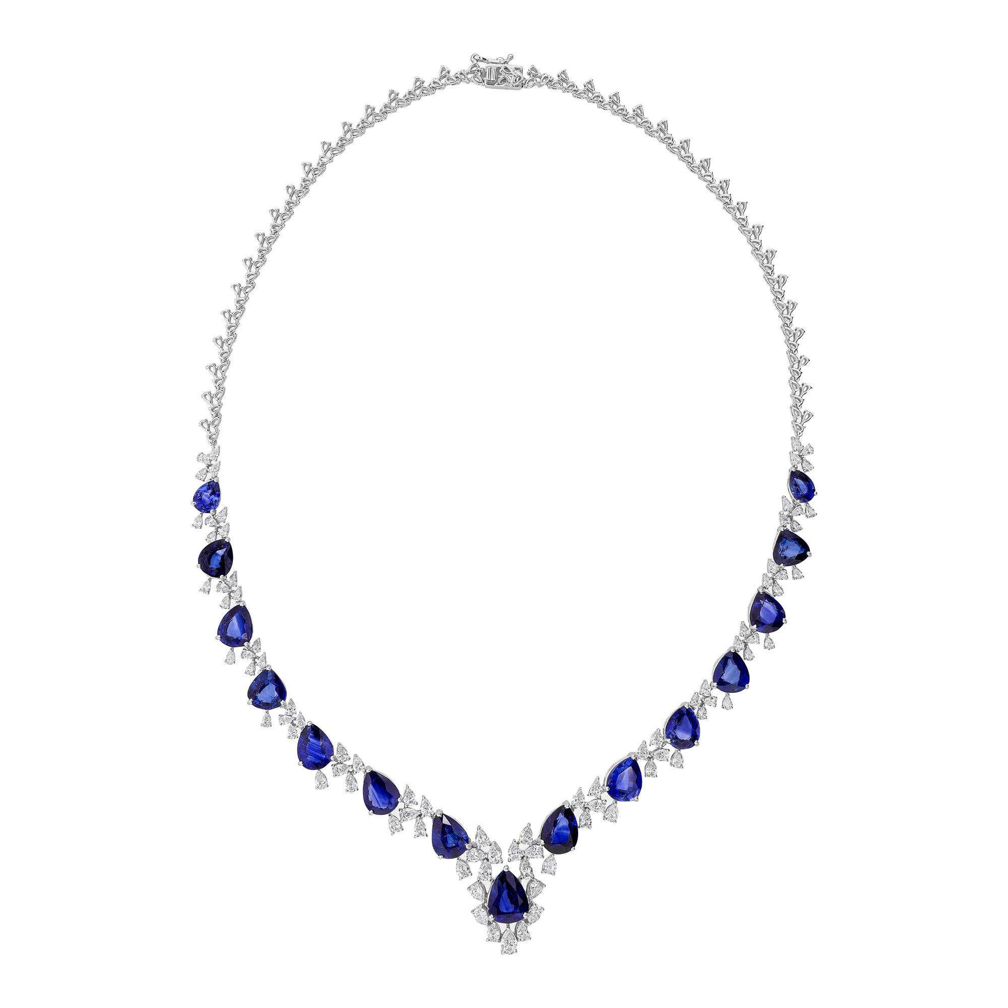 29.94 Ct Blue Sapphire 5.05 Ct SI/HI Diamond 14k White Gold Wedding Necklace