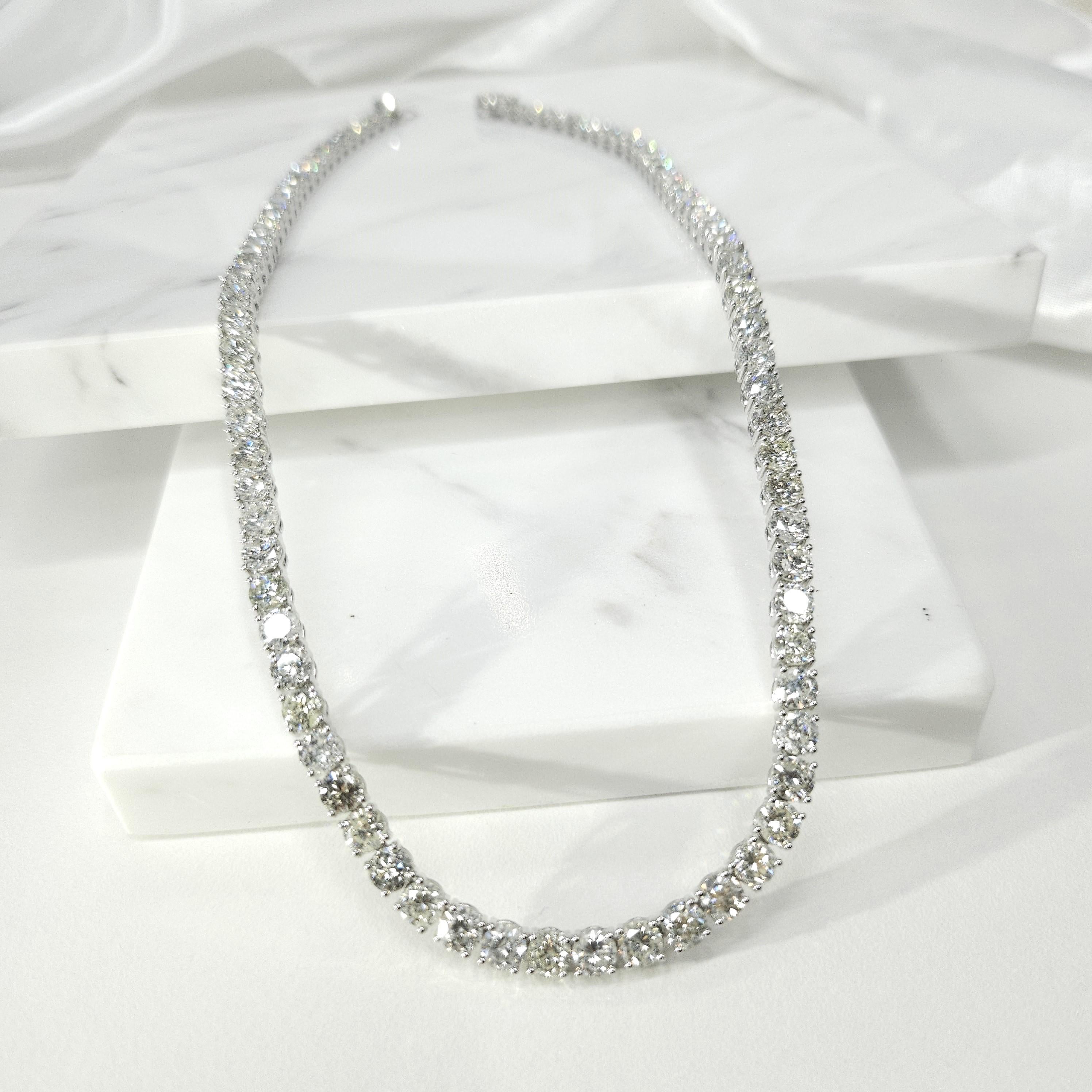Round Cut 29.96 Carat Round Diamond Tennis Necklace in 18K White Gold For Sale