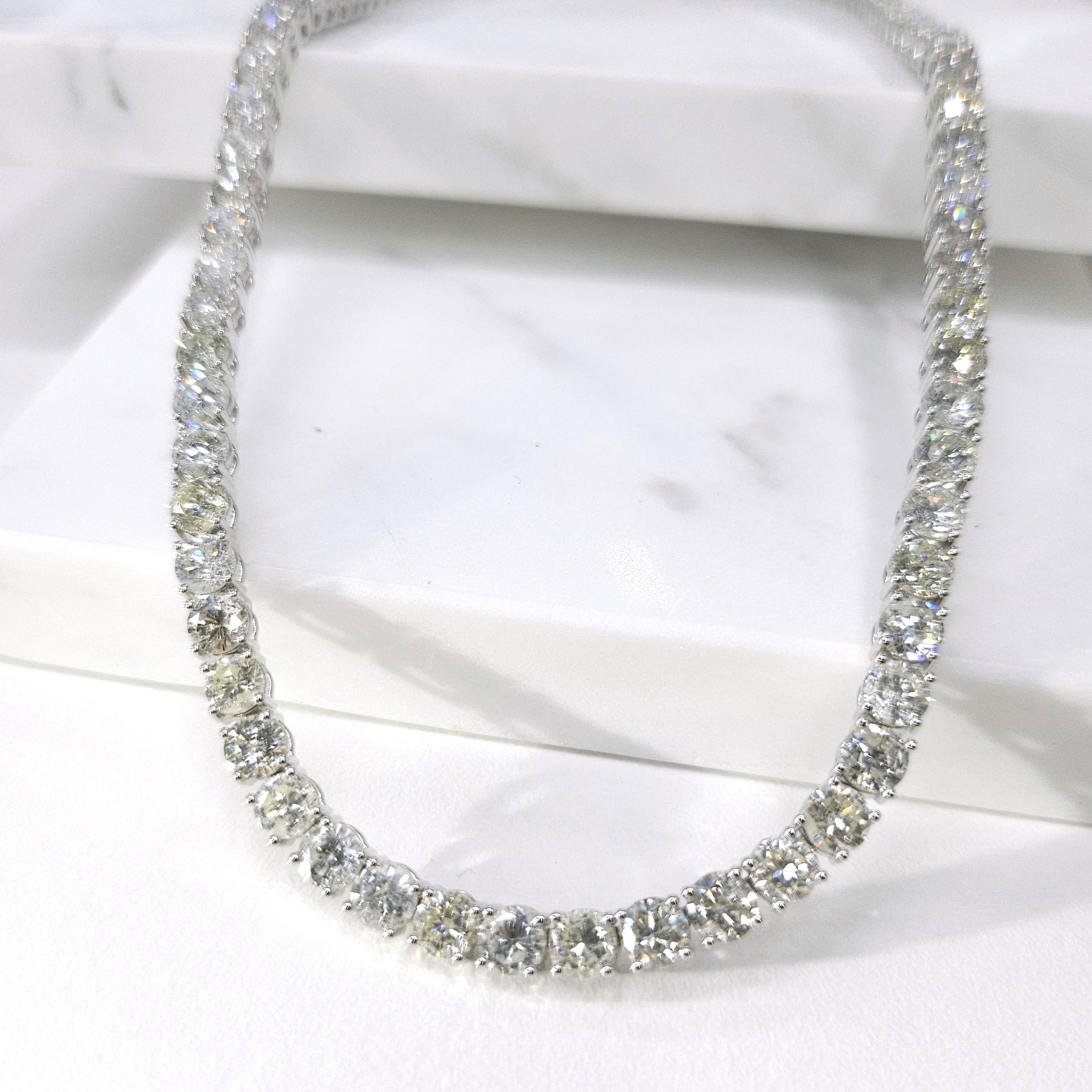 Women's or Men's 29.96 Carat Round Diamond Tennis Necklace in 18K White Gold For Sale