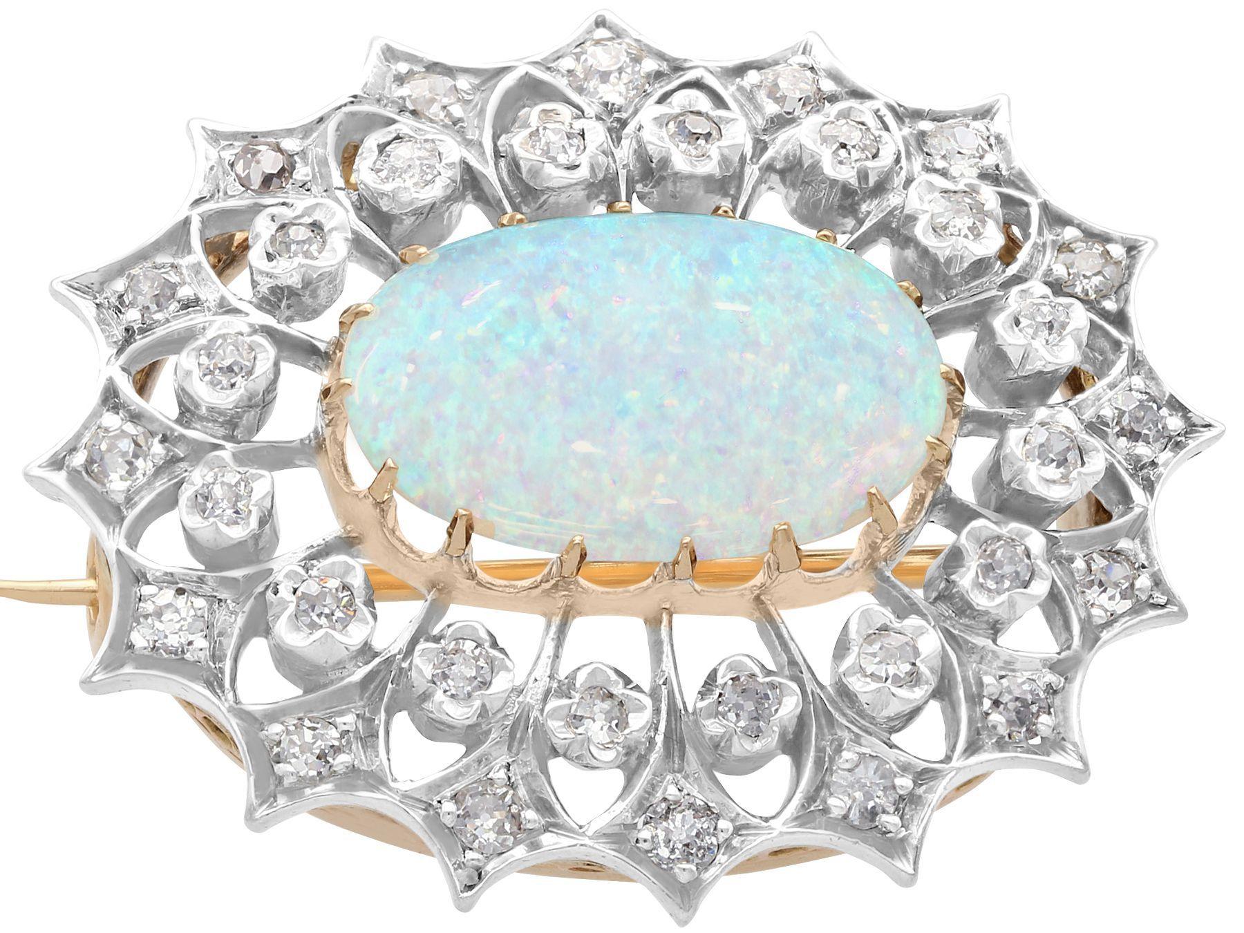 A stunning, fine and impressive Victorian 2.99 carat white opal and 0.96 carat diamond, 9 karat yellow gold and silver set brooch; part of our diverse antique jewelry collections

This stunning, fine and impressive diamond and opal brooch has been