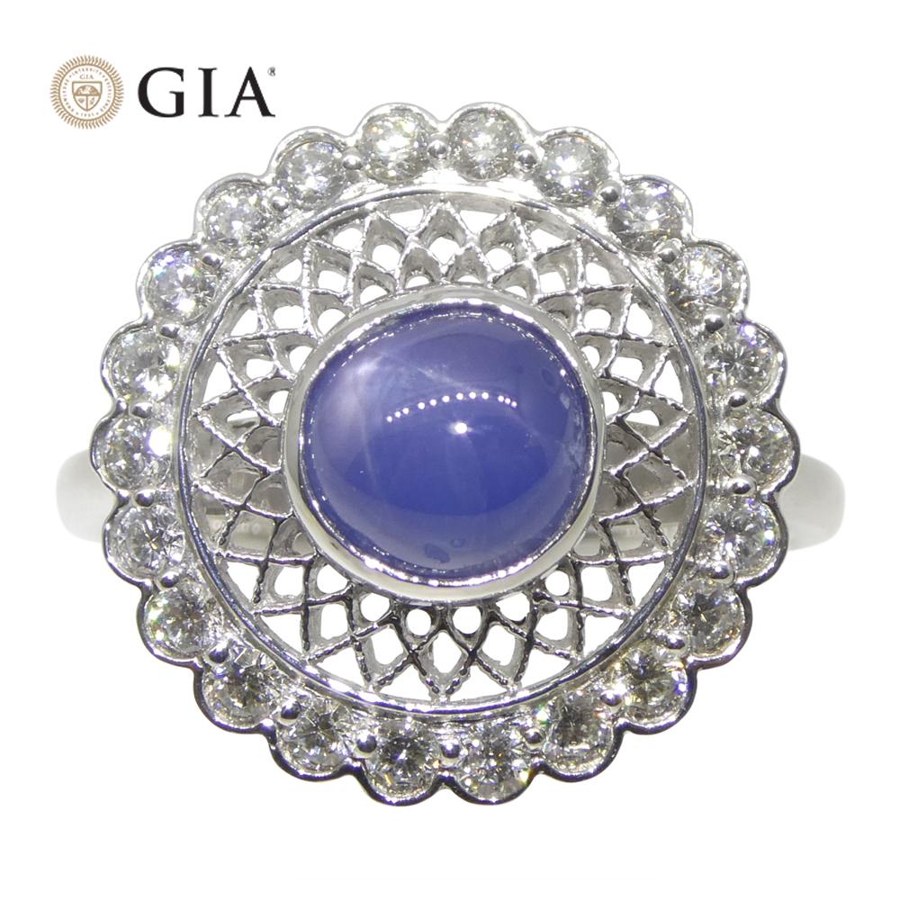 2.99ct Round Blue Star Sapphire, Diamond Engagement Ring in 18k White Gold For Sale 3