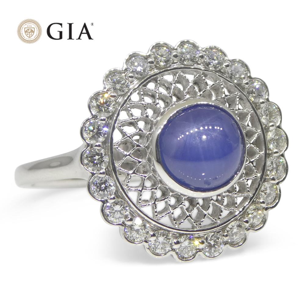2.99ct Round Blue Star Sapphire, Diamond Engagement Ring in 18k White Gold For Sale 4