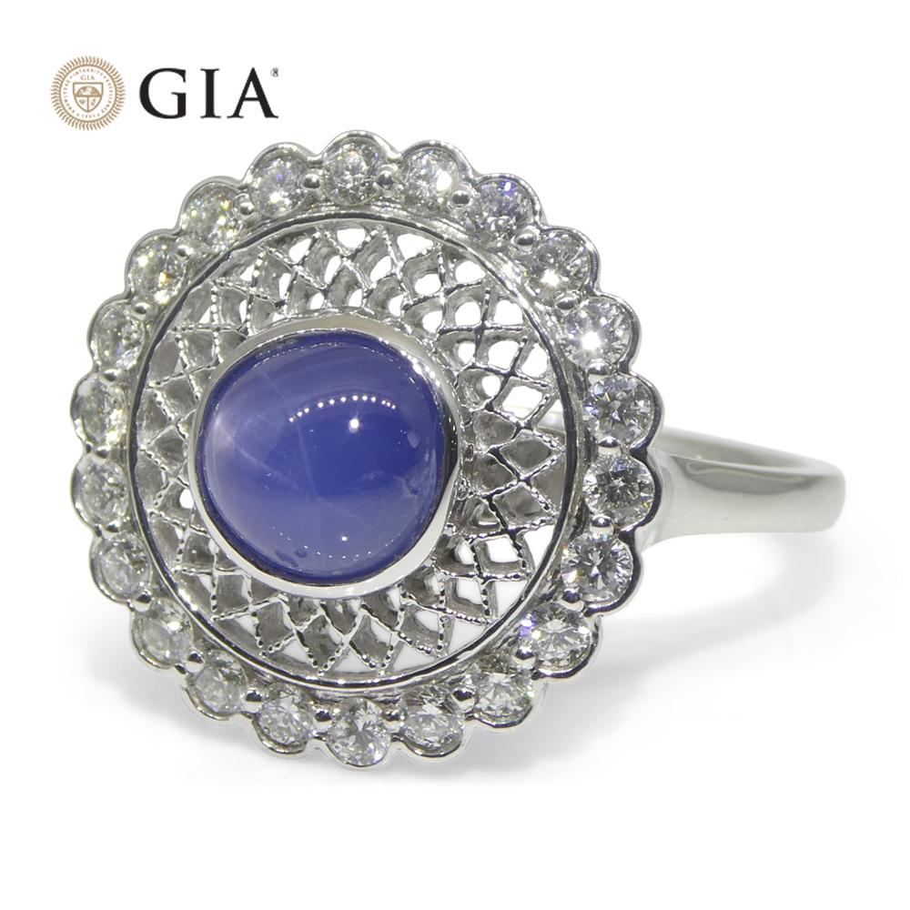 2.99ct Round Blue Star Sapphire, Diamond Engagement Ring in 18k White Gold For Sale 8