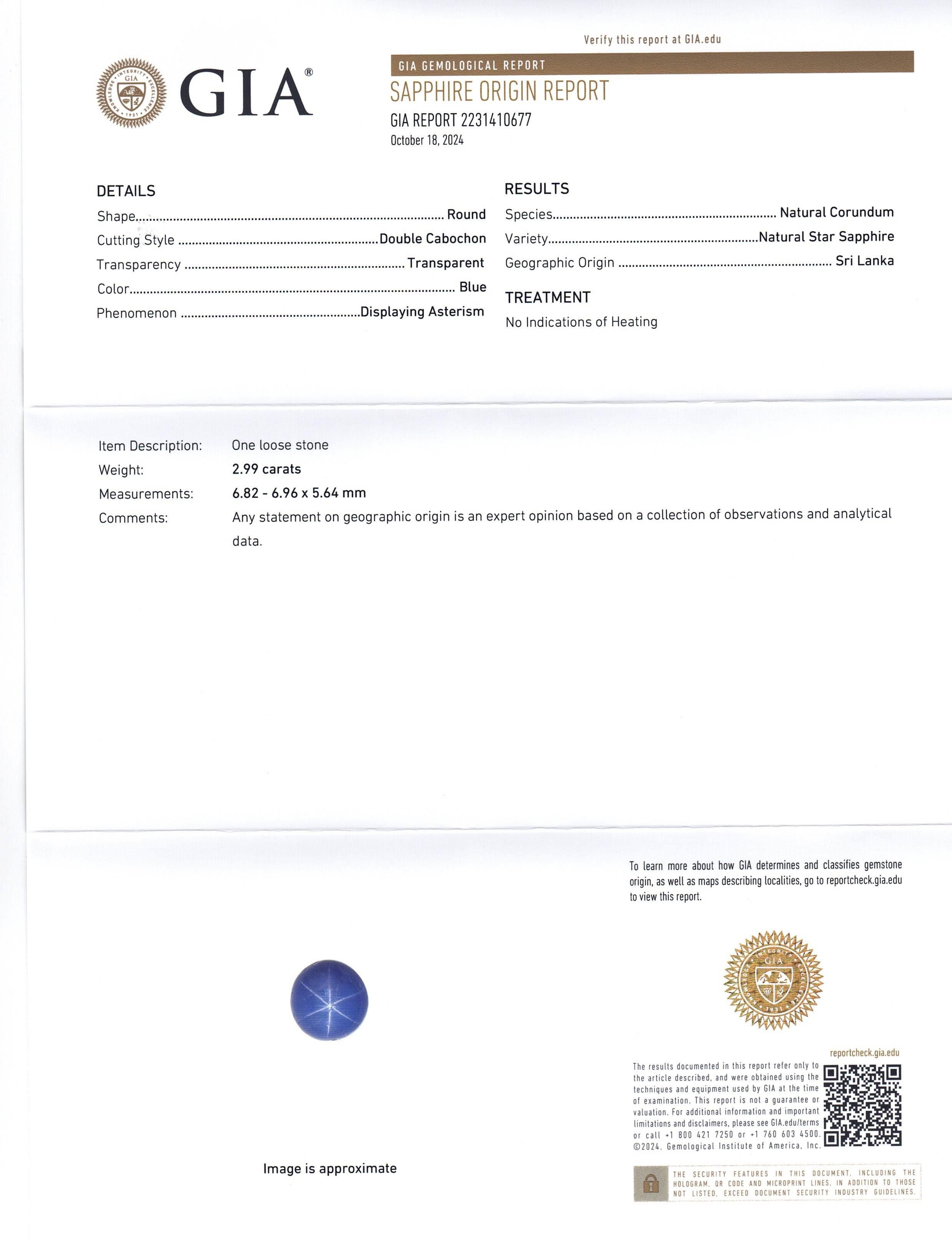 Cabochon 2.99ct Round Blue Star Sapphire, Diamond Engagement Ring in 18k White Gold For Sale
