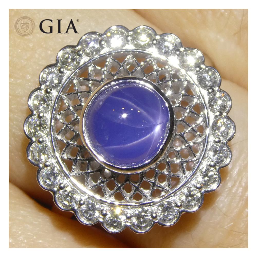 Contemporary 2.99ct Round Blue Star Sapphire, Diamond Engagement Ring in 18k White Gold For Sale