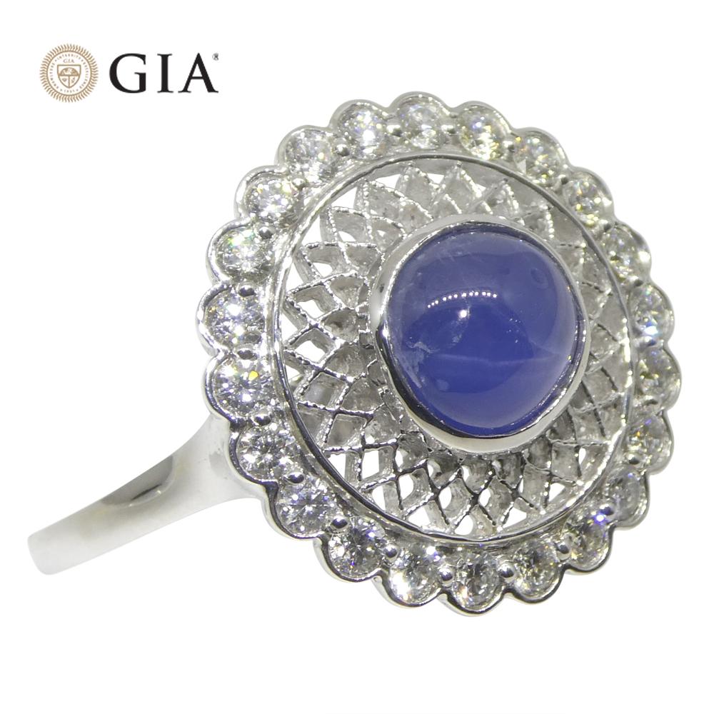 2.99ct Round Blue Star Sapphire, Diamond Engagement Ring in 18k White Gold For Sale 1