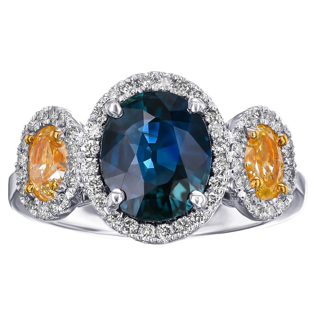 NO RESERVE! - 2.99ct Sapphire & 0.85ct Fancy & 0.70ct Diamonds, 14k Gold Ring