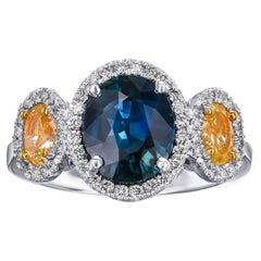 $1 NO RESERVE! - 2.99ct Sapphire & 0.85ct Fancy & 0.70ct Diamonds, 14k Gold Ring
