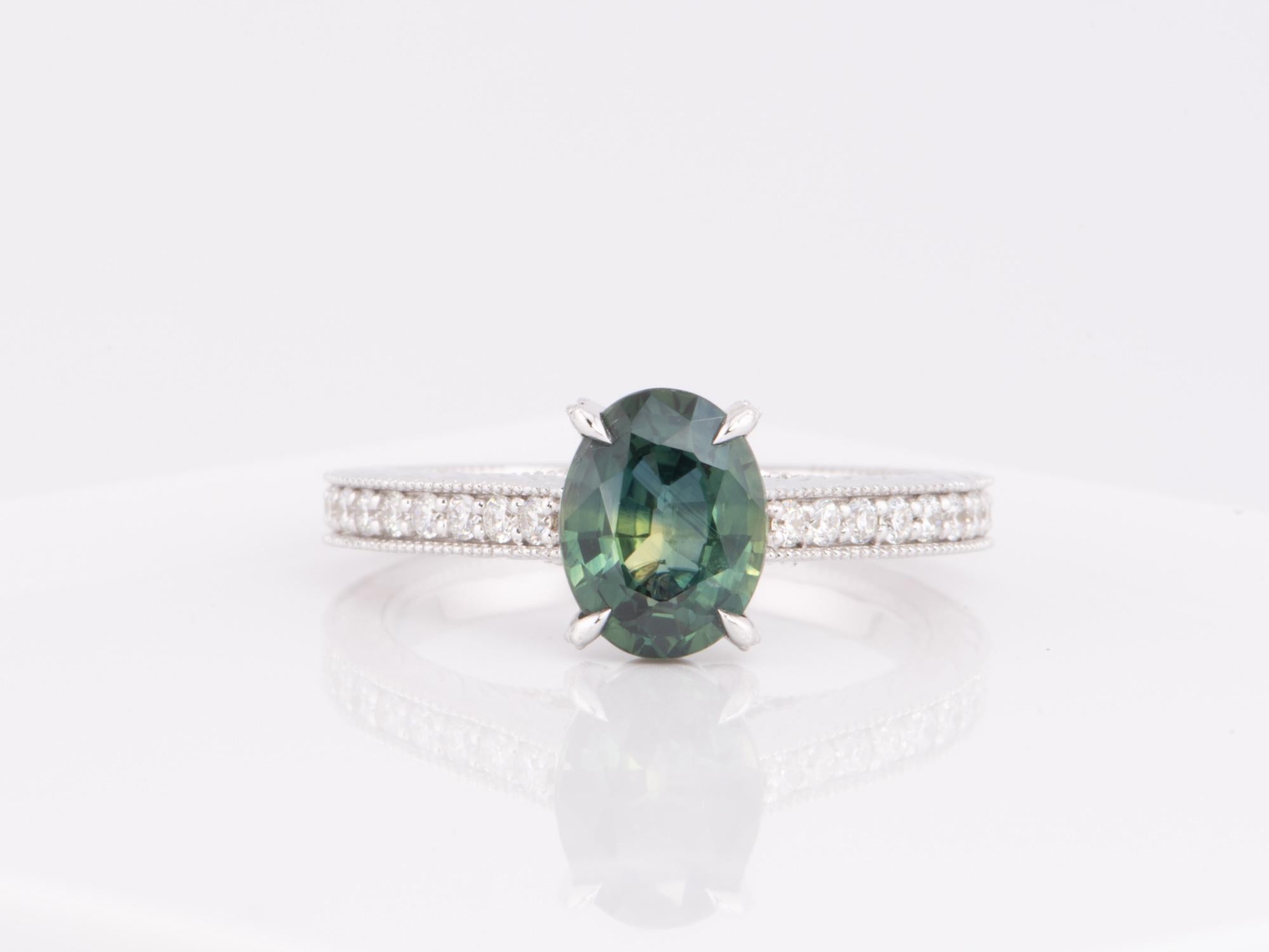 Uncut 2.99ct Teal Sapphire Engagement Ring 14K White Gold with Leaf Engraving R6598 For Sale