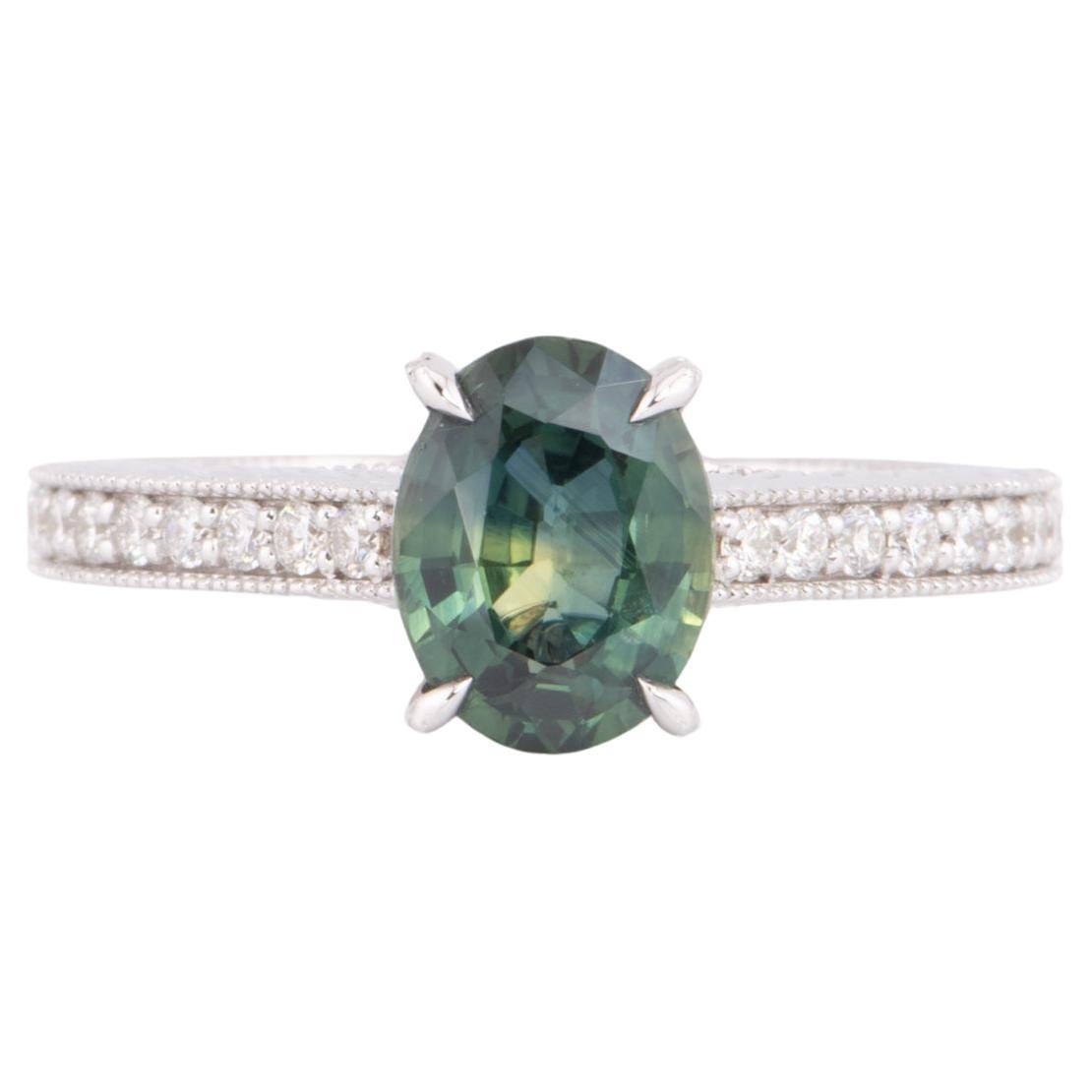 2.23ct Teal Sapphire Engagement Ring 14K White Gold with Leaf Engraving R6598 For Sale