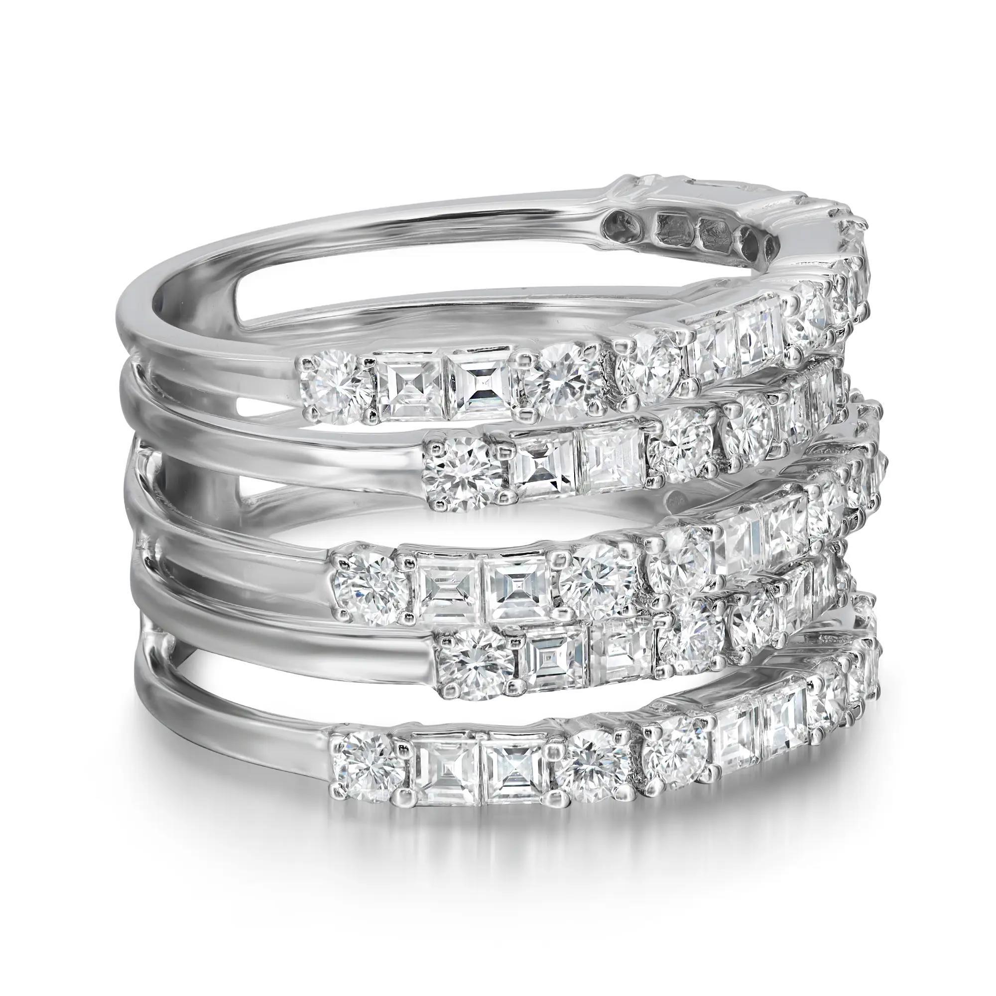 This gorgeous multi row diamond band ring is all about sparkle and glamour.  This ring exceptionally showcases 72 prong set round and princess cut shimmering diamonds encrusted in multi rows forming a wide band. Crafted in high polished 18K white.