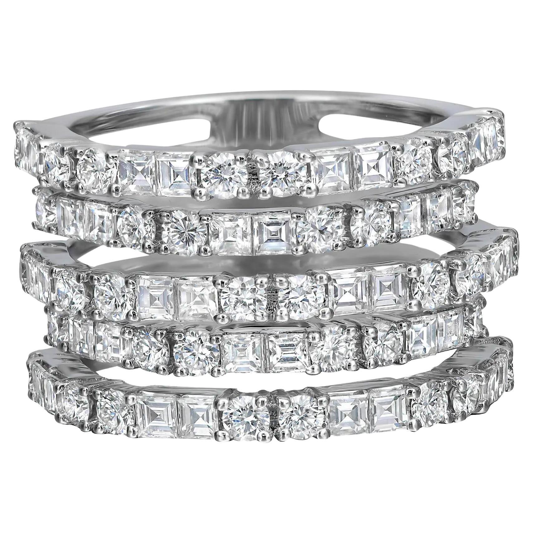 2.99Ctw Round And Princess Cut Diamond Multi Row Band Ring 18K White Gold SZ 6.5 For Sale