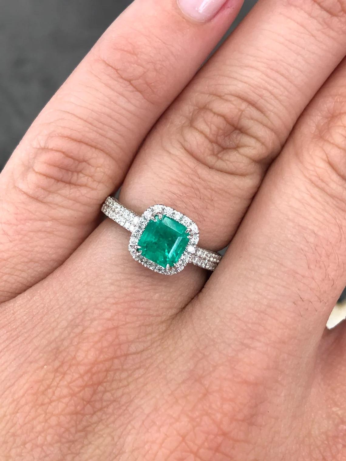 Modern 2.99tcw 14K Colombian Emerald-Assher Cut & Diamond Halo Statement Ring