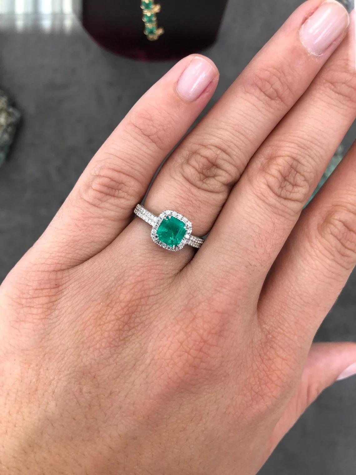 2.99tcw 14K Colombian Emerald-Assher Cut & Diamond Halo Statement Ring In New Condition In Jupiter, FL