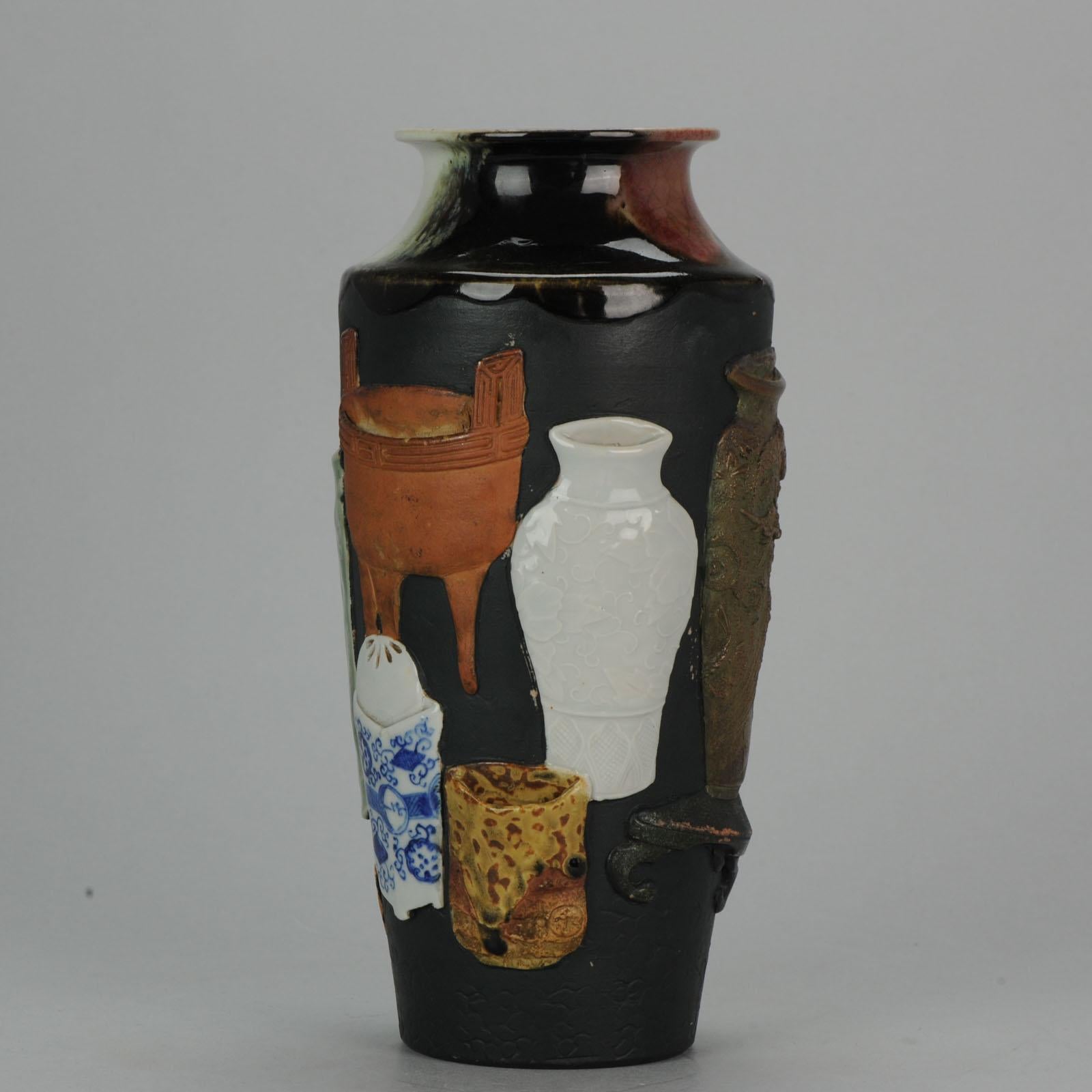 Rare and detailed piece. Sumida Gawa pottery. This colorful ware was made for export to the West and is usually heavy and covered with figures in relief.

This distinct type of wares got its name from the Sumida river running near the Asakusa